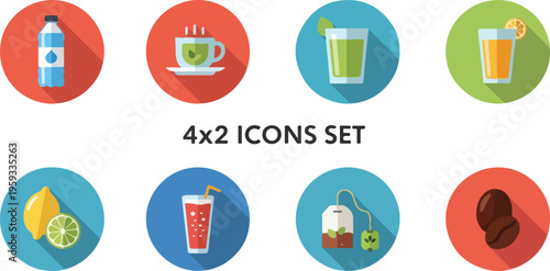 Set of 8 flat design vector beverage icons with long shadows, including water, coffee, juice, tea, and fruit for web and mobile apps isolated PNG with Transparent Background