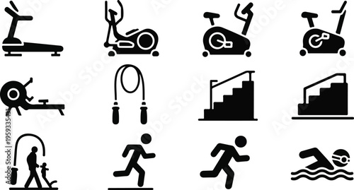 Set of 12 black silhouette fitness and gym exercise equipment vector icons for health and workout designs isolated PNG with Transparent Background