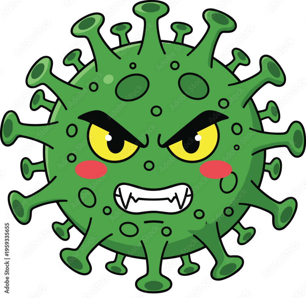 Fototapeta premium Angry Green Coronavirus Cartoon Character Mascot with Sharp Teeth and Yellow Eyes Representing Viral Infection Pandemic Outbreak Isolated on White Background