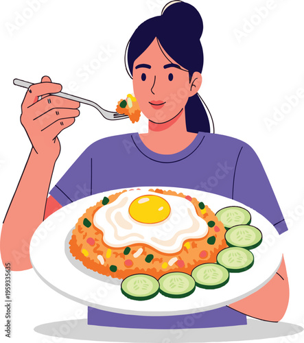 Woman eating fried rice with egg vector illustration