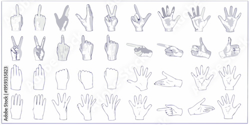 Collection of hand gestures and poses in a grid arrangement