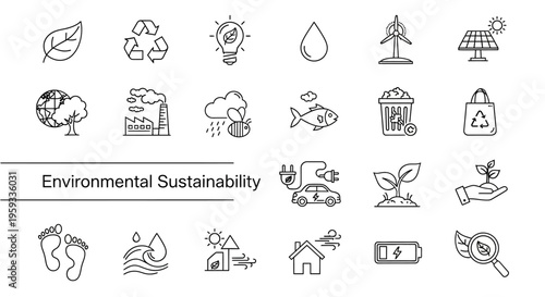 Collection of Environmental Sustainability Icons Renewable Energy, Recycling, and Nature Preservation