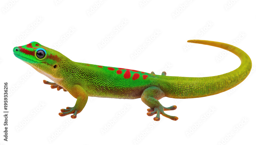 Fototapeta premium Close-up of a vibrant green gecko with striking red markings and blue eyes