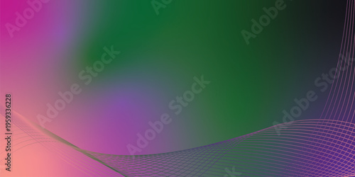  Radiant  BlueViolet, green, and black gradient ribbons flowing upward from a deep black foundation over a textured grain background with gentle glowing accents, modern artistic header con