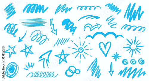 Abstract blue doodle elements and hand-drawn graphics on a white background