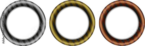 シルバー・ゴールド・ブロンズの金属質リング3種セット、光沢とストライプ模様が美しい立体的サークルフレーム素材（白背景・装飾用）