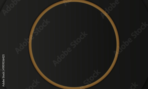 ブラック背景に浮かぶ上品なゴールドリングフレーム、シンプルで高級感あふれる円形装飾のミニマルデザイン背景素材