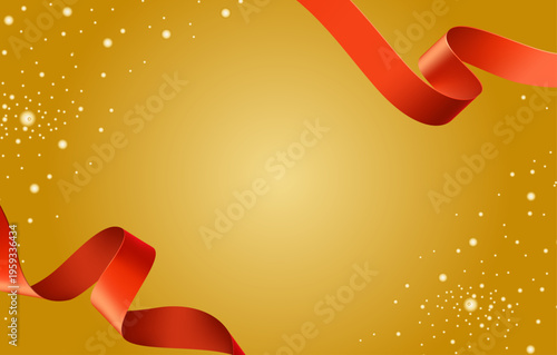 金色グラデーション背景に舞う赤いリボンと輝く光粒子、華やかでお祝い感あふれるラグジュアリーイベント用デザイン素材