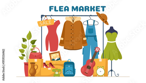 Flea market illustration with various items on display for sale