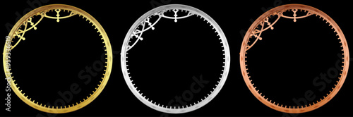 金銀銅のメダル風リングフレームセット・ランキングや表彰デザインに最適な高級感ある円形装飾素材ブラック背景
