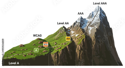 Conceptual mountain journey illustrating the progressive levels of digital accessibility standards and compliance