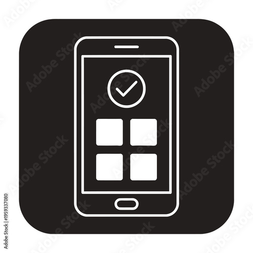 Mobile phone icon with checkmark and grid interface on dark background
