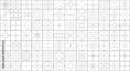 Large collection of minimalist geometric line art patterns, arranged in a grid for modern abstract design and graphic elements