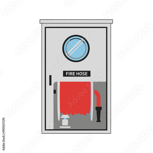 Fire Hose Cabinet with Red Hose Inside.