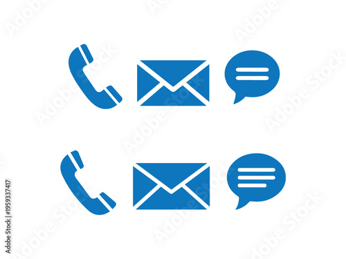 Blue telephone, envelope, and speech bubble icons are duplicated in a simple graphic design for communication options.