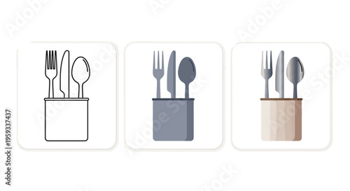 Collection of dining flatware in a stand, featuring three distinct graphic styles outline, solid fill, and rendered, suitable for culinary designs and household concepts