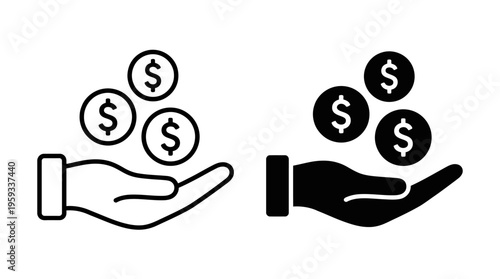 Minimalist vector icon showing hand receiving coins, symbolizing payment, donation, financial transaction, designed in outlined and solid styles.