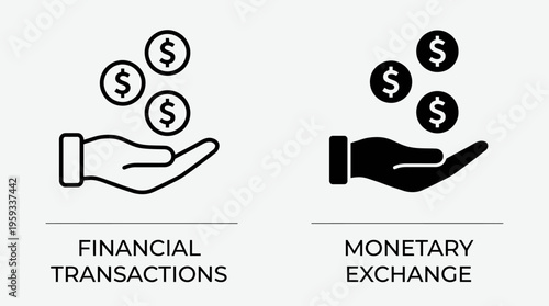 Vector icons illustrating financial transactions and monetary exchange, showing hand with coins in outlined and solid styles for comparison.