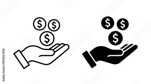 Minimalist vector icon showing hand receiving coins, symbolizing payment, donation, financial transaction, designed in outlined and solid styles.