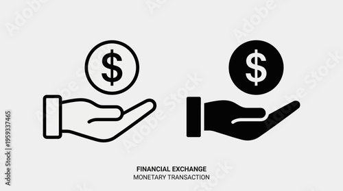 Vector icons of hand with dollar coin, outlined and solid styles, symbolizing financial exchange, monetary transaction, and economic dealings.
