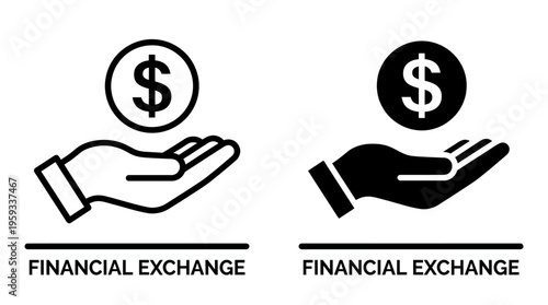 Vector icons of hand with dollar symbol, outlined and solid styles, representing financial exchange, monetary transaction, and economic services.