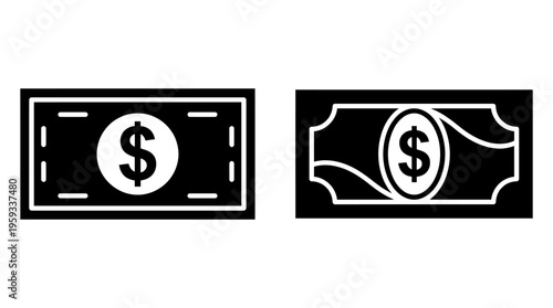 Vector currency icons depicting dollar bills, one rectangular with corner markings and one ornate with curved edges, symbolizing money exchange.
