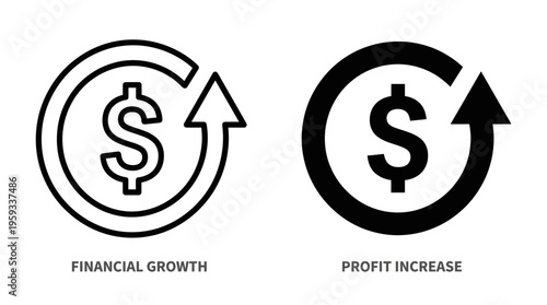 Vector circular icons with dollar signs and upward arrows, representing financial growth and profit increase, outlined and solid black styles.
