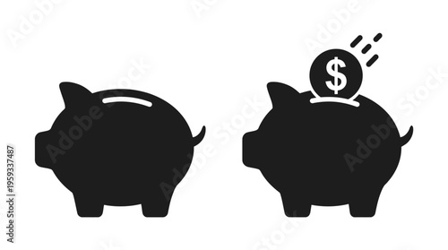 Vector piggy bank silhouettes, one plain and one with coin insertion, symbolizing saving money, financial planning, investment, and economic growth.