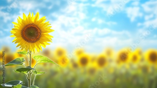 Vibrant Sunflower Field Under Clear Blue Sky, Summer Beauty, Nature s Golden Blooms in Full Flourish