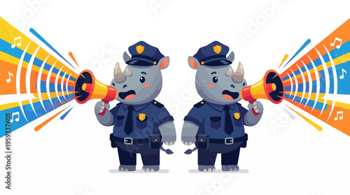 Two police rhinos in uniform holding megaphones with sound waves emanating from them