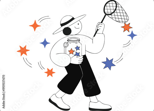 Person collecting colorful stars with a net, symbolizing dreams, goals, and ambition.