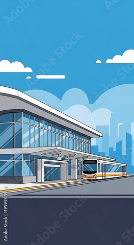 Modern bus station with city skyline.