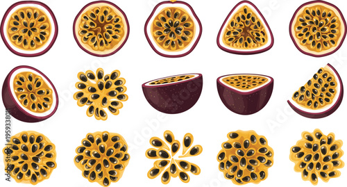 Passion fruit vector set with sliced halves seeds patterns and decorative arrangements tropical exotic food illustration collection in detailed hand drawn style
