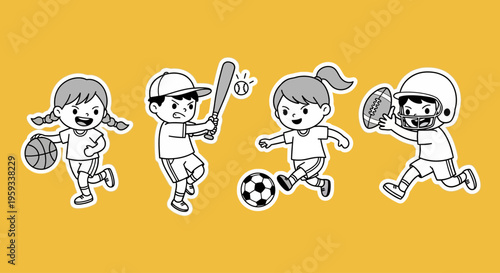 Cute cartoon kids having fun playing different sports like basketball, baseball, soccer, and football, illustrating childhood activity and diverse athletic interests
