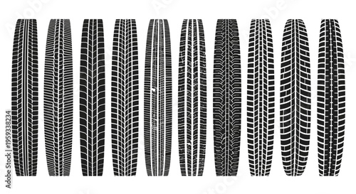 Collection of Twelve Distinct Tire Tread Patterns on White Background