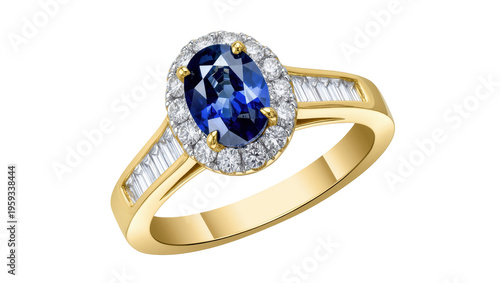 Schilderij op canvas Luxurious gold engagement ring featuring an oval blue sapphire and diamond halo design