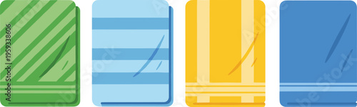 Set of folded towels in different colors and striped patterns for bathroom and spa use in flat vector illustration style