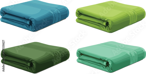 Set of folded blankets in different colors including cozy soft bedding textiles in realistic flat vector illustration style