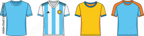 Set of soccer t shirts and football jerseys including striped and solid designs in colorful flat vector illustration style