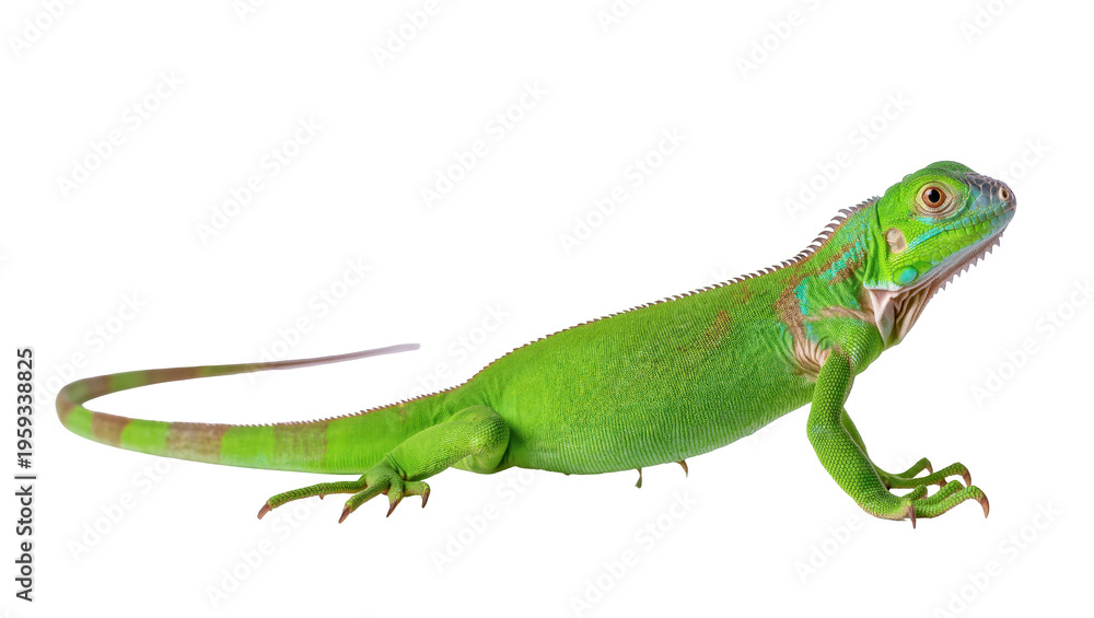 Obraz premium Vibrant green iguana with detailed scales and expressive eyes, exotic animal photography