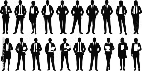 Large Collection of Business People Silhouettes in Professional Suits Representing Corporate Teamwork Success Leadership and Diversity Isolated on White Background for Graphic Design