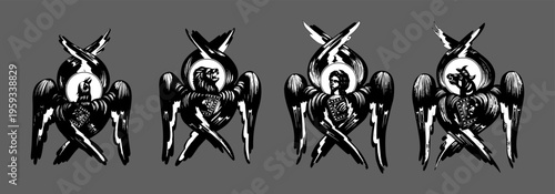 Matthew Levi the Apostle, John the Apostle, Mark the Evangelist and Luke the Evangelist symbols. Illustration in Byzantine style