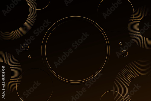 ブラック背景に浮かぶゴールドサークルの高級抽象デザイン・ラグジュアリーな円形装飾アート