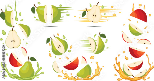 Pear fruit splash vector set with sliced halves green and red varieties dynamic juice motion illustration collection in modern flat style