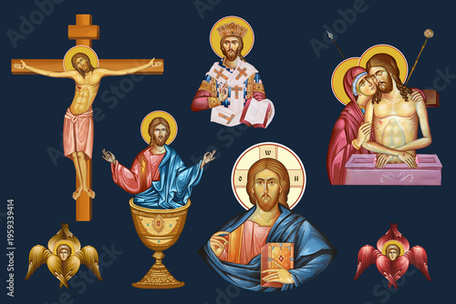 Christian religious illustration set with Jesus Christ in Byzantine style