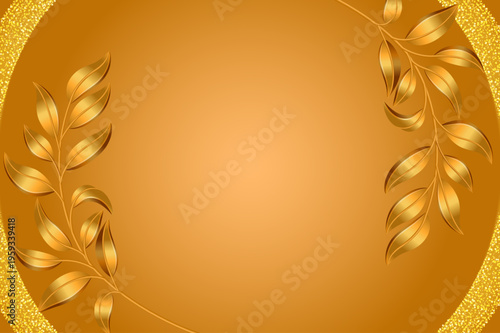 上品なゴールドの葉装飾が左右に広がる高級感あふれる円形フレーム背景・ラグジュアリーでエレガントなバナー素材（テキストスペースあり）