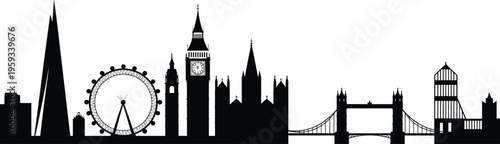 London skyline silhouette featuring Big Ben, London Eye, Tower Bridge and modern landmarks isolated on white background for travel tourism city illustration
