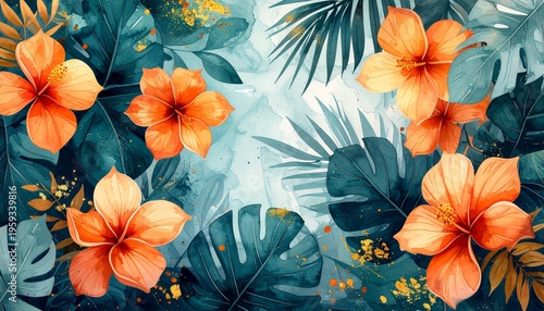 Pink hibiscus flowers and orange poppies.