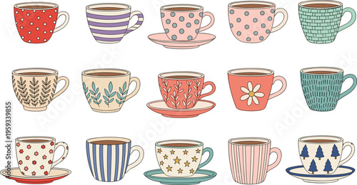 Set of cute patterned teacups and coffee mugs with saucers in colorful hand drawn flat vector illustration style