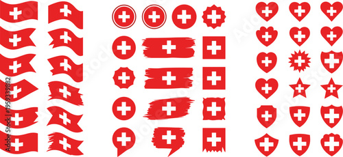 Set of Switzerland flag icons including badges, hearts, shields, and brush strokes in red and white flat vector illustration style